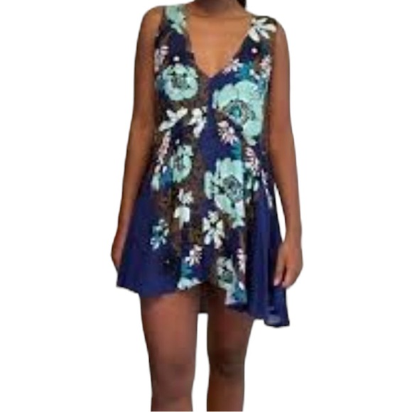 FREE PEOPLE Backyard Party Ocean Blue Tunic Dress EUC Backyard Print sz S - Picture 13 of 14